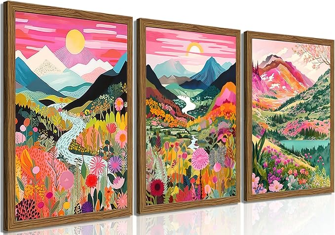 Boho Colorful Mountain Wall Art Set of 3, Abstract Watercolor Landscape Flower Wall Decor Paintings, Modern Nature Sunset Forest Posters Prints for Living Room, Bedroom 12x16 Inch Wood Framed