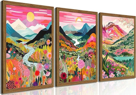Boho Colorful Mountain Wall Art Set of 3, Abstract Watercolor Landscape Flower Wall Decor Paintings, Modern Nature Sunset Forest Posters Prints for Living Room, Bedroom 12x16 Inch Wood Framed