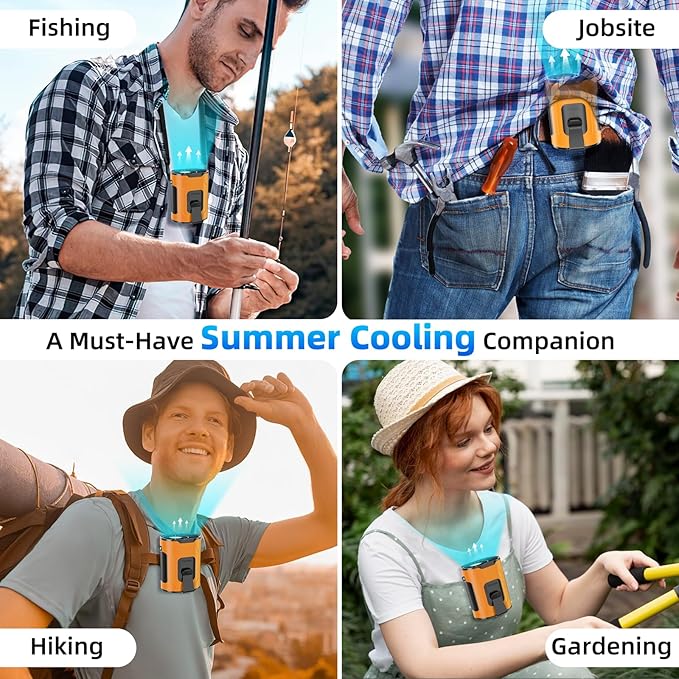 Picozon Portable Smart AI Fan, 9000 RPM Strong Airflow, Rechargeable 4 Speeds Hands-free Wearable Waist Clip Necklace Fan with 20H Non-Stop Cooling System for Outdoor, Hiking Jobsite Camping - Orange