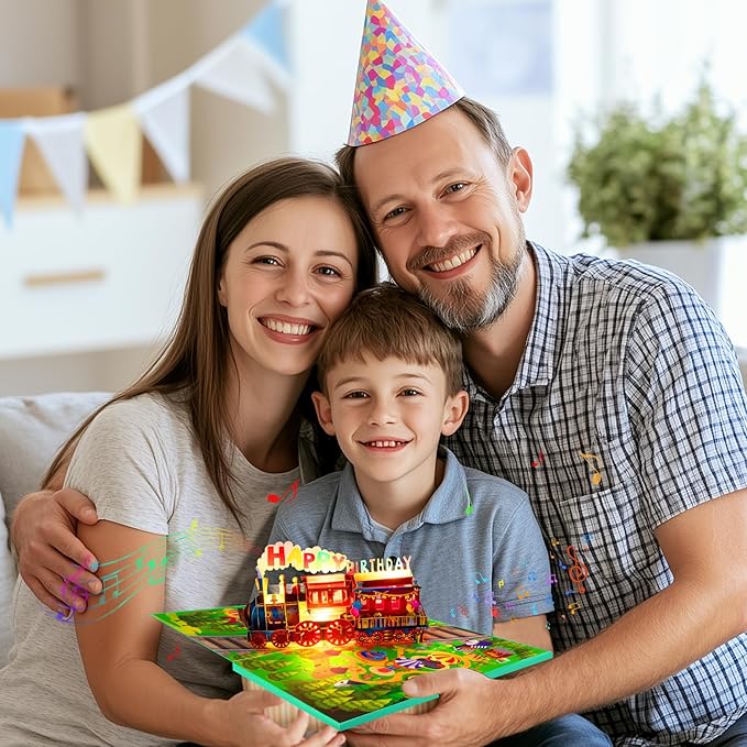 GREETING ART Train Musical Birthday Cards, Happy Birthday Train Card, 3D Pop Up Birthday Card, Light and Music Happy Birthday Card for Women, Men