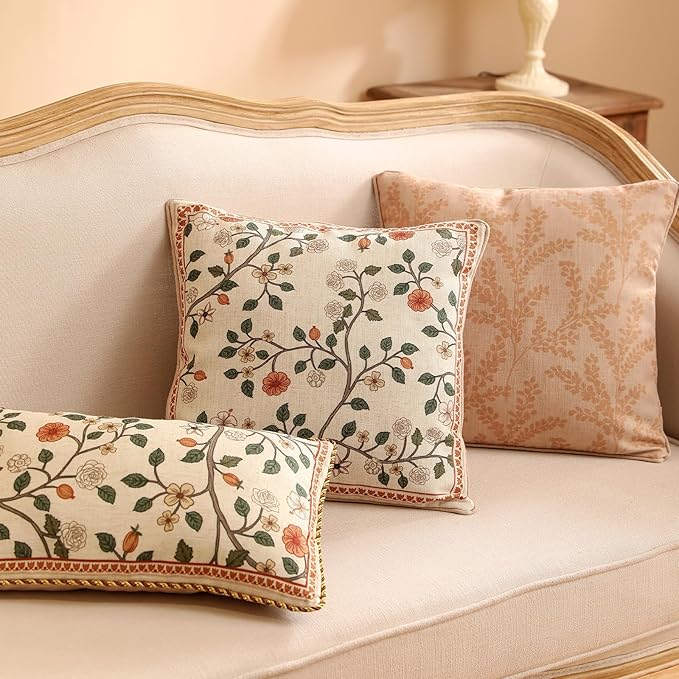 ISAENNE Design Linen Vintage Lumbar Square Round Throw Pillow Covers Set of 4, French Country Cushion Covers with Pink Blue Floral Pattern Decoration Pillowcases for Bed,Living Room,Outdoor,Car