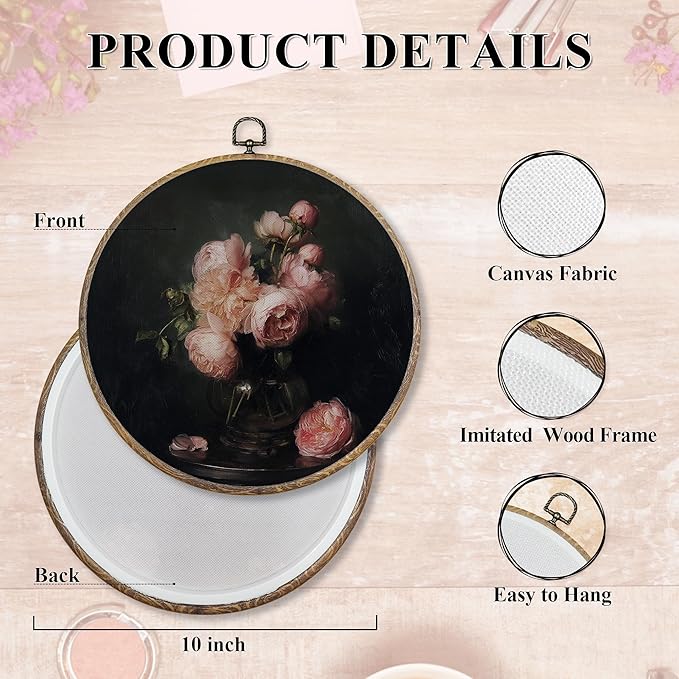 FUGWN Vintage Pink Peony Floral Round Wall Art Decor Framed, Dark Cottagecore Floral Canvas Artwork Prints, Moody Botanical Flower Wall Hanging Decorations for Home Bedroom Living Room, 10x10 Inch