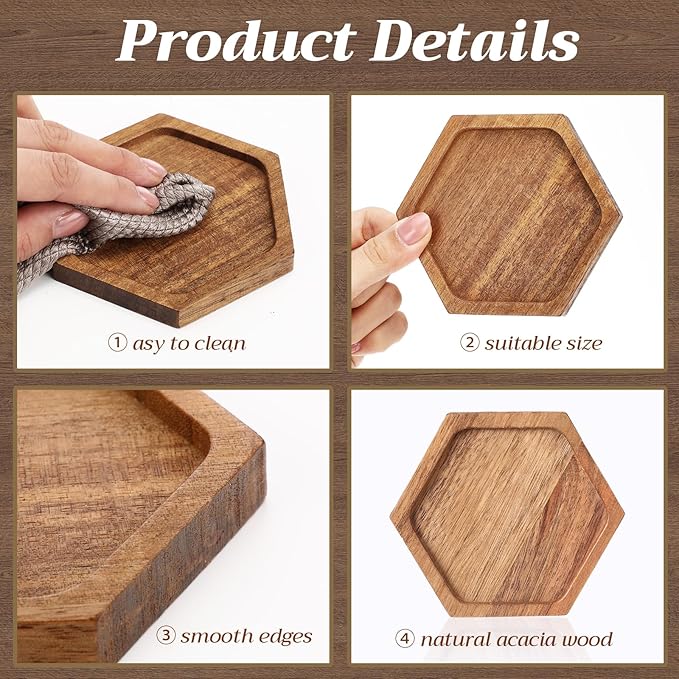 Zhehao 16 Pcs Acacia Wood Coasters Bulk 4 Inch Wooden Stackable Reusable Drink Coasters for Coffee Tea Table Protection Table Bar Home Desk Supplies Housewarming Gifts(Hexagon)
