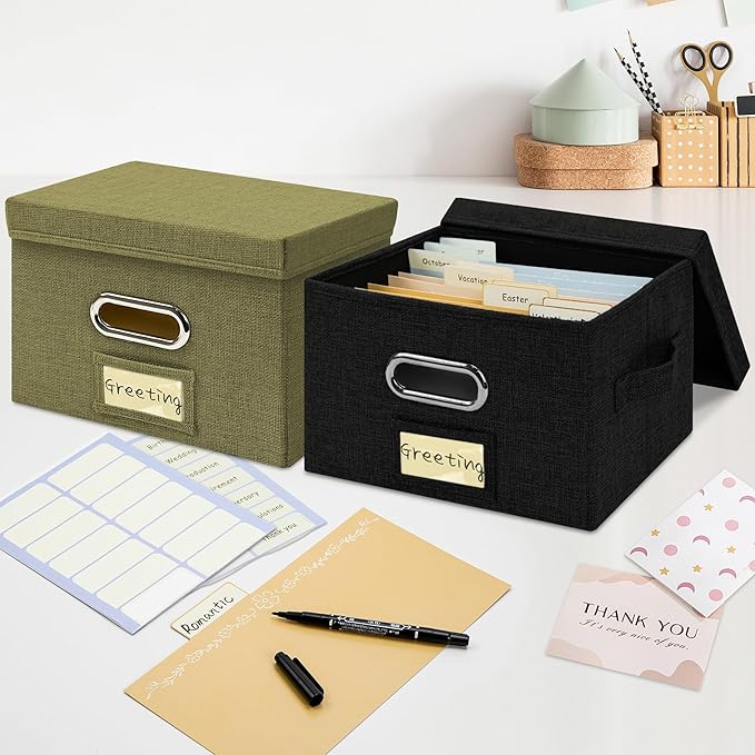 Greeting Card Organizer and Storage Box with 40 Pcs Adjustable Dividers, Storing Cards with 168 Pcs Labels Perfect for Storing Greeting Cards, Envelopes, Photos 2 Pack Olive Green