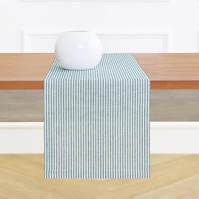 Solino Home Linen Table Runner 120 Inches Long - Narrow Stripe, 100% Pure Linen Rainforest and White Table Runner 14 x 120 Inch for Dining, St Patricks Day