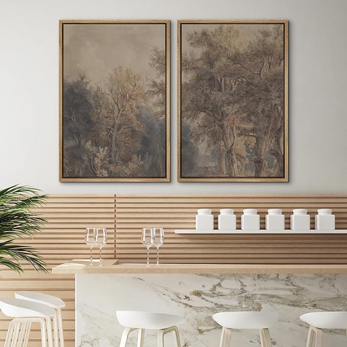 SIGNWIN Framed Canvas Print Wall Art Set Vintage Tree Sketch Classic Sepia-Toned Forest Illustrations Modern Art Scenic Colorful for Living Room, Bedroom, Office - 16"x24"x2 Natural