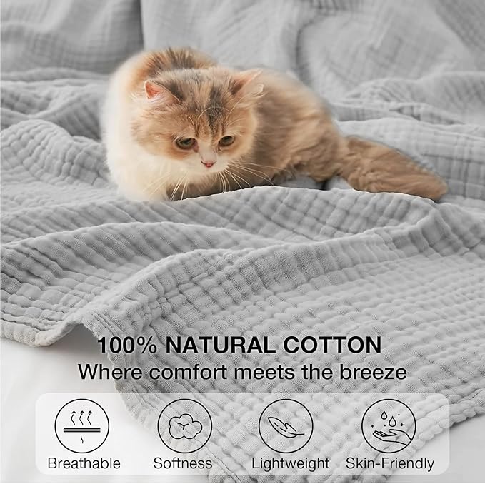 100% Cotton Muslin Blanket 50" x 60", Breathable and Lightweight Cotton Throw Blankets for Couch, Soft Cooling Summer Gauze Blanket for Adults All Season, Light Grey