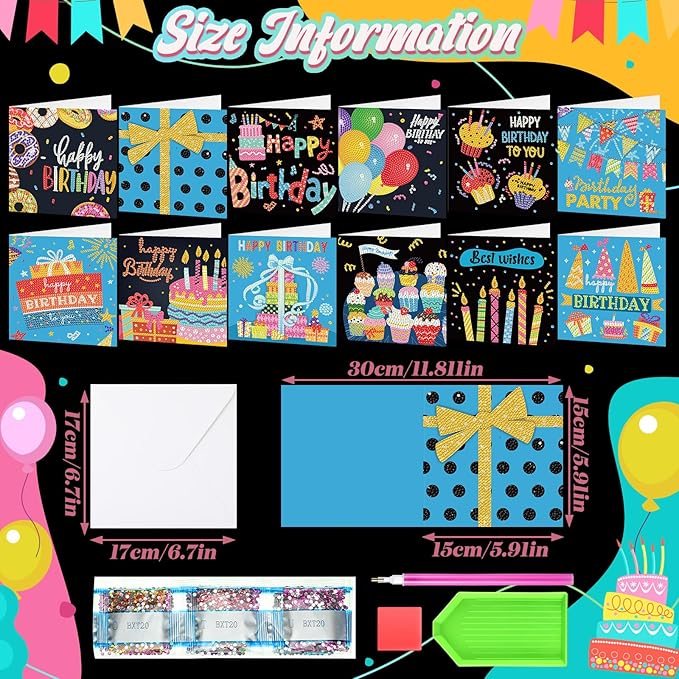 Saillong 12 Pack Happy Birthday Diamond Painting Greeting Card Kits DIY Diamond Art Cards with Envelopes Birthday Cake 5d Rhinestones Painting Kits for Adults DIY Crafts Family Friend Birthday Gifts