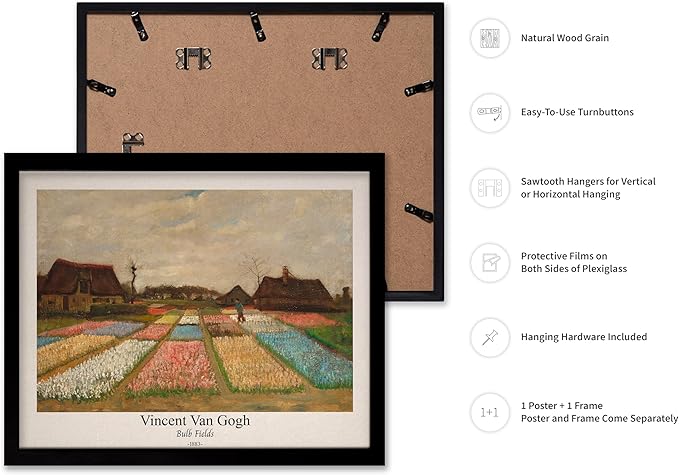 Monem Art Vintage Van Gogh Poster - Retro Bulb Fields Print - Flower Beds in Holland Art - Impressionism Art - Fine Art - Classic Painting Art - Great Bedroom Wall Decor - 11x14 Black Framed