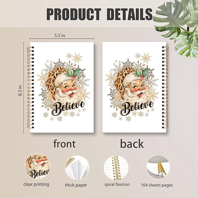 XNXLDYLH Trendy Gold Christmas Santa Notebook Journal, Vintage Preppy Spiral Notebook, Leopard Cheetah Santa Journals Notebooks for Women Men, Christmas Office School Supplies Gifts for Kids,5.5x8.3In
