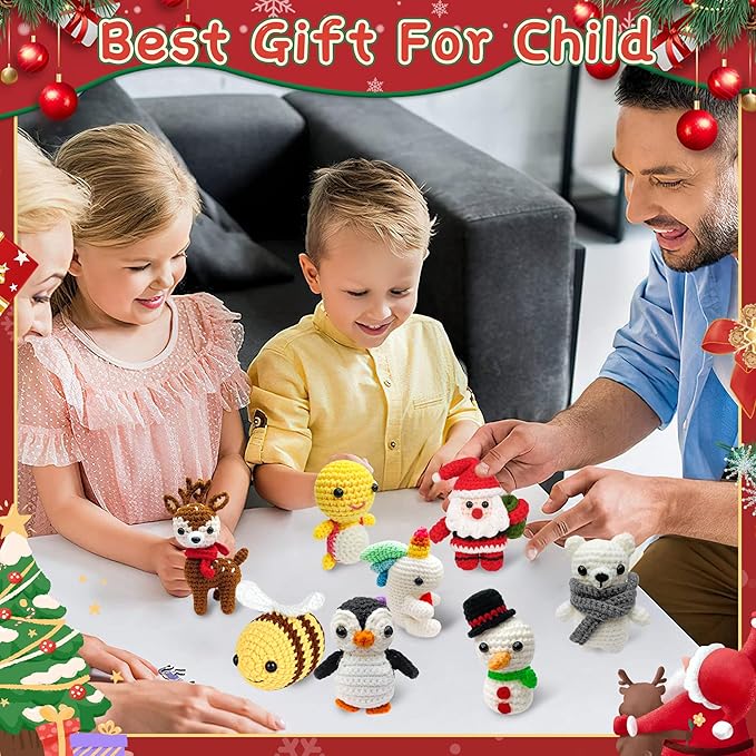 Hebuck 8Pcs Crochet Kit for Beginners, Easy Christmas Knitting Kit for Crochet Lovers, Beginner Crochet Kit for Adults, Crochet Animal Kits with Step by Step Videos Tutorials