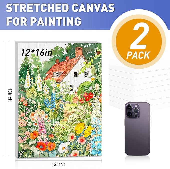 ESRICH Stretched Canvas for Painting 12x16 Inch, 2 Pack Blank Canvas -5/8 in Profile Primed Cotton White Canvases for Painting for Oil & Acrylic Paint