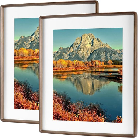 HELPLEX 12x16 Premium Picture Frame Set of 2 - Solid Walnut Wood, UV-Blocking Plexiglass, Convertible 8.5x11 Matted or 12x16 Open Display - Wall Art Gallery & Luxury Home Decor