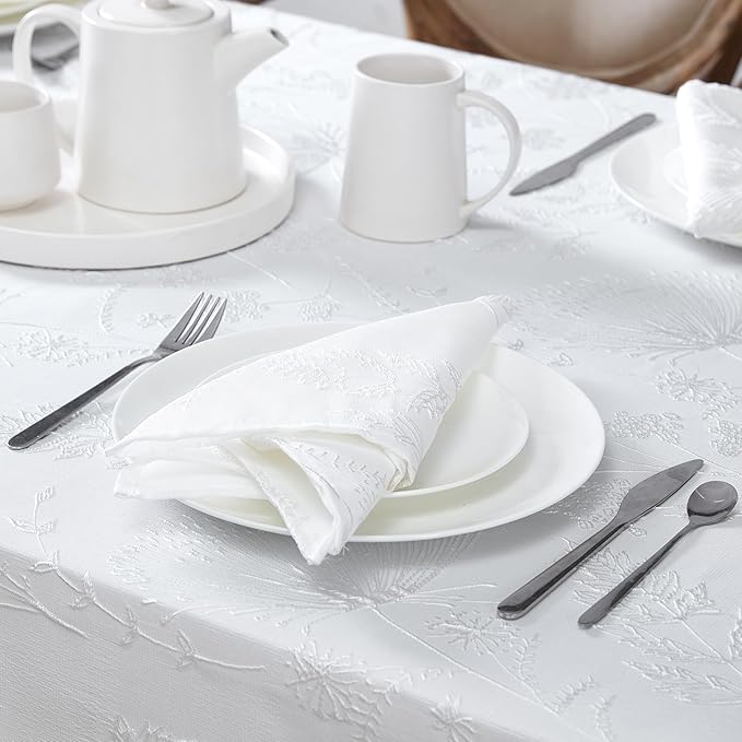 Laura Ashley Tablecloth Raised Woven Embroidered Jacquard Fabric, Wrinkle Resistant for Dining, Holiday, Party, Wedding or Banquet, 60" x 102", Cynthia White