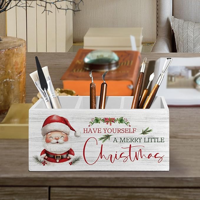 Christmas Santa Pen Pencil Holder Organizer for Desk Accessories, Winter Xmas Santa Claus Holiday Wooden Box Sign Desk Decor for Home Office Decoration, Christmas Office Decor
