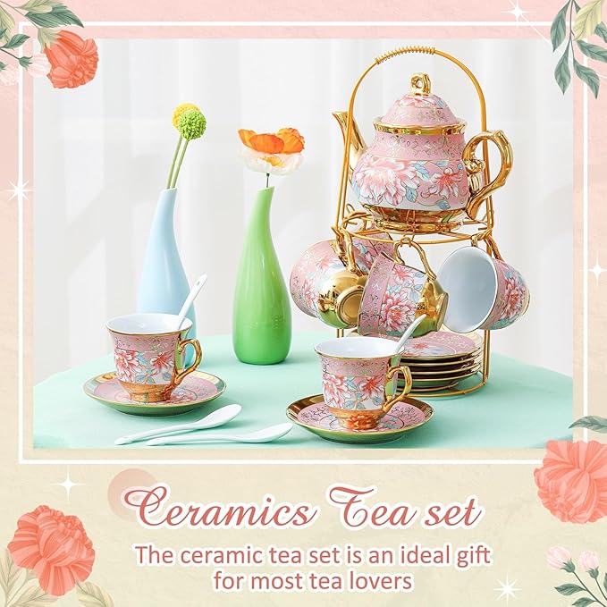 Zhehao 20 Pcs Porcelain Tea Set with Metal Holder and Spoon Adult Ceramic Tea Set European Flower Painting Teapot Cup Saucer Spoon for Women, Large Version (Pink Style)