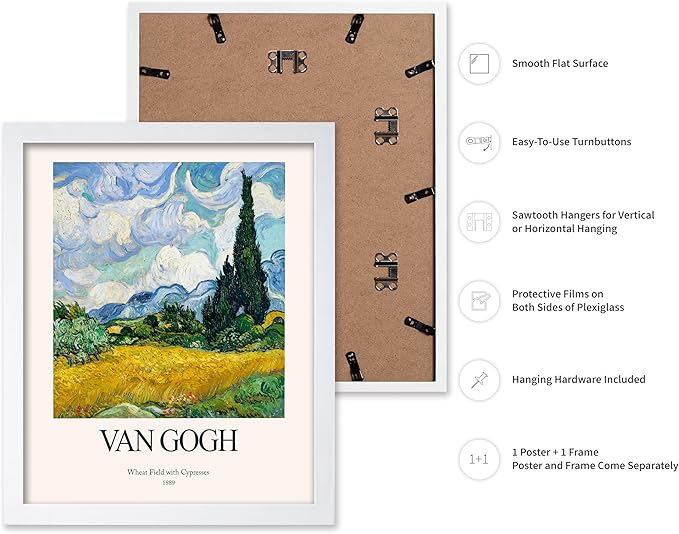 Monem Art Vintage Van Gogh Poster - Retro Impressionist Print - Wheat Field With Cypresses, Trees, Sky, Landscape - Gift for Artist, Friend - Wall Decor for Home, Office, 16x20 White Framed