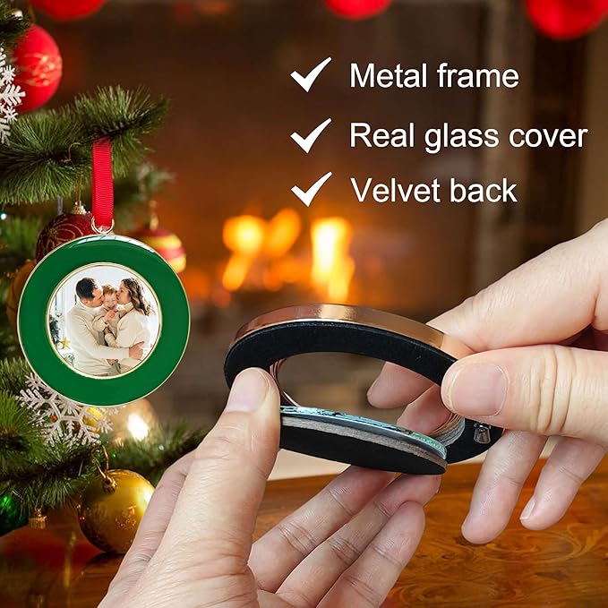 Christmas Picture Frame Ornaments - Set of 4 Green 2.5x2.5 Inch Mini Frames with Red Ribbon, Metal Photo Frames for Christmas Tree Decorations, Holiday Gift for Family & Friends
