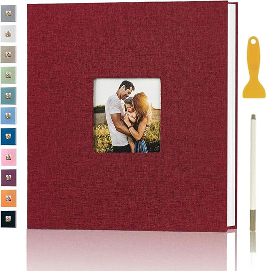 Photo Album Self Adhesive Pages for 4x6 5x7 8x10 Pictures Magnetic Scrapbook Photo Albums with Sticky Pages Books with A Metallic Pen for Baby Wedding Family 11x10.6 Red 60 Pages