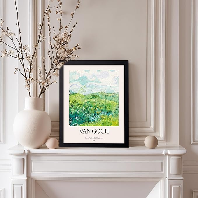 Monem Art Vintage Van Gogh Poster - Retro Impressionist Print - Green Wheat Fields, Auvers, Sky, Leaves, Landscape - Gift for Artist, Friend - Wall Decor for Home, Office, 8x10 Black Framed