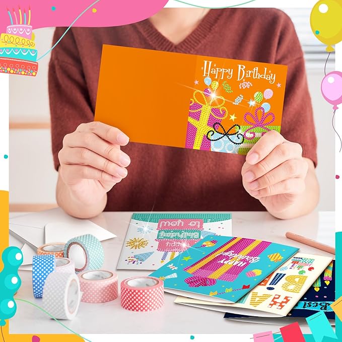 Saillong 12 Pack Happy Birthday Diamond Painting Greeting Card Kits DIY Diamond Art Cards with Envelopes Birthday Cake 5d Rhinestones Painting Kits for Adults DIY Crafts Family Friend Birthday Gifts