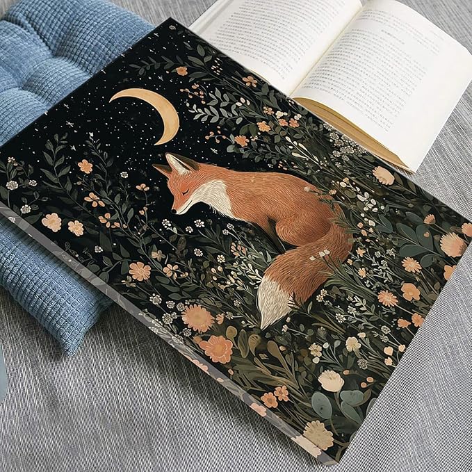 Fairytale Dreamy Fox Wall Art Vintage Moonlit Forest Floral Plant Night Canvas Poster Print Whimsical Nature Aesthetic Picture Decor for Nursery Living Room Bedroom Office 12x16inch Framed
