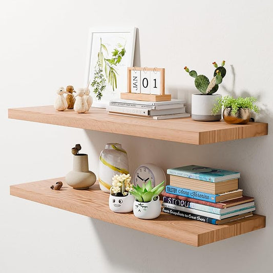36 Inch Solid Oak Floating Shelves - Natural 12 Inch Deep Wall Shelf Set of 2, Rustic Display Shelf, Hanging Wall Shelf Decoration for Bedroom, Bathroom, Living Room