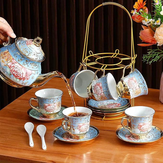 Zhehao 20 Pcs Porcelain Tea Set with Metal Holder and Spoon Adult Ceramic Tea Set European Flower Painting Teapot Cup Saucer Spoon for Women, Large Version(Simplicity Style)