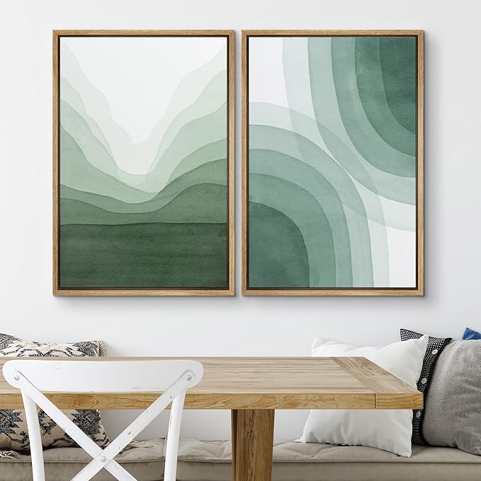 SIGNWIN Framed Canvas Print Wall Art Set Pastel Watercolor Green Wave Illusion Abstract Shapes Illustrations Modern Art Minimal Boho Colorful for Living Room, Bedroom, Office - 16"x24"x2 Natural