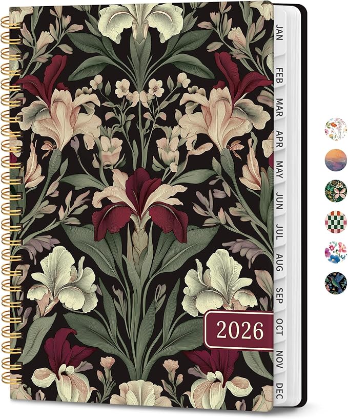 2026 Planner, Weekly and Monthly Calendar Planner for Women, Jan 2026 - Dec 2026, Hardcover Planning Agenda book with Tabs, Spiral Bound, Inner Pocket, Perfect for School Office Supplies, 6.3" x 8.5" - Dark Botanica