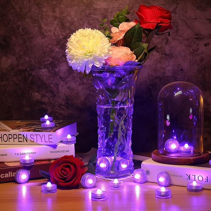 HL Submersible LED Light,Purple Small LED Light,100 Hours Waterproof Flameless Led Lights Battery Powered for Wedding Home Vase Festival Party Decoration 24pcs (Built-in 48 Batteries)