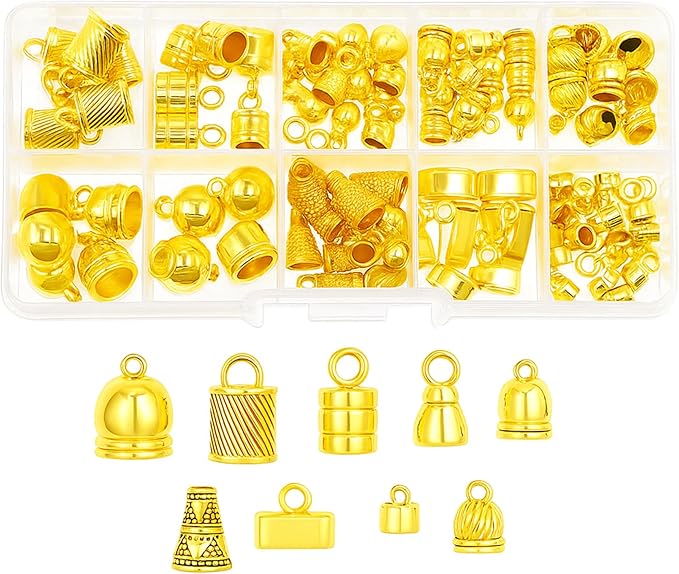 Mandala Crafts Gold Tone Leather Cord End Caps for Jewelry Making, Tassel Caps, 4mm to 9mm 90 PCs Barrel Cord Ends, Kumihimo Supplies and Jewelry Findings