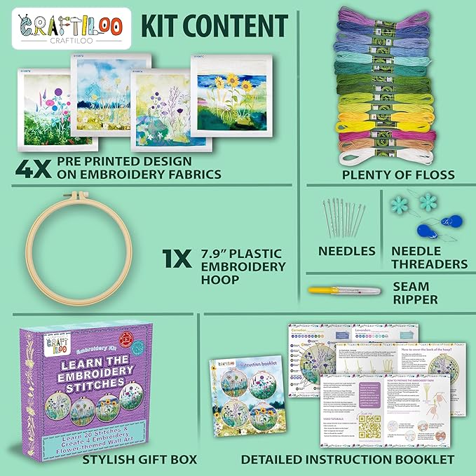 CRAFTILOO 4 Pack Embroidery Kit for Beginners Stamped Cross Stitch Kits for Beginners Needlepoint Kits for Adults Sunflower Cross Stitch Embroidery Kits Needlework Kit DIY Crafts for Woman