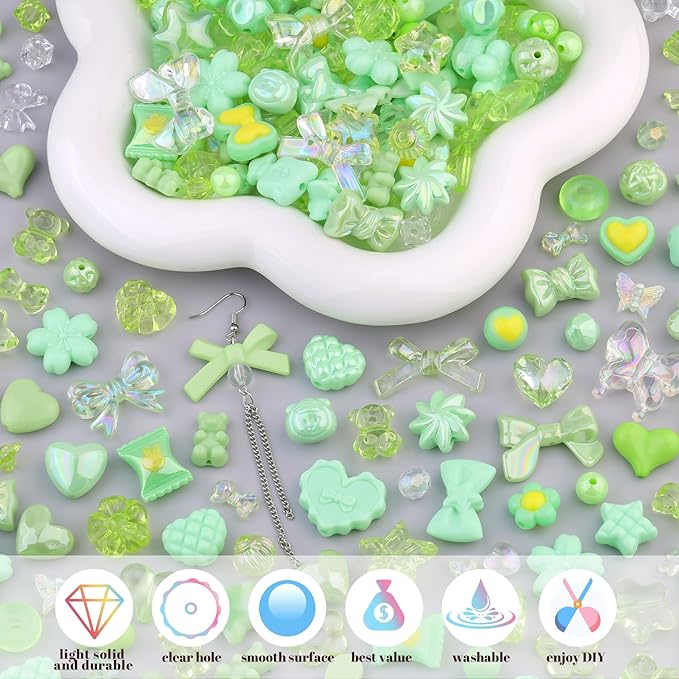 200-260PCS TINKRSTUFF Assorted Acrylic Beads Green Cute Beads for Bracelet Making, Bow Flower Butterfly GummyBear Kawaii Charms, Aesthetic Bead for Necklace Jewelry Making DIY Keychain Phone Charm