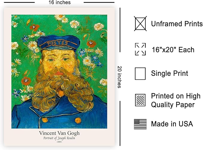 Monem Art Vintage Van Gogh Poster - Retro Portrait of the Joseph Roulin Print - Impressionism Art - Postman Art - Fine Art - Classic Painting Art - Living Room Wall Decor - 16x20 UNFRAMED Wall Art