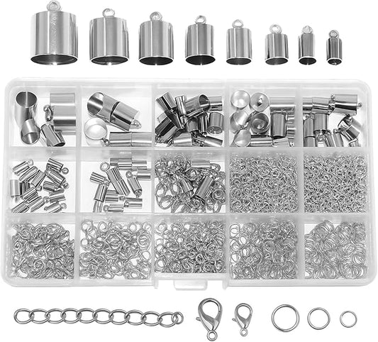 Mandala Crafts Silver Tone Leather Cord End Caps for Jewelry Making, Tassel Caps, 4mm to 12mm 840 PCs Cylinder Cord Ends, Kumihimo Supplies and Jewelry Findings