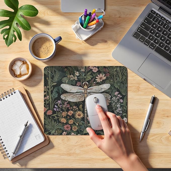 Moody Floral Dragonfly Mouse Pad,Dark Cottagecore Botanical Dragonfly Mouse Pads Mousepad for DeskOffice Dorm Computers Laptop, Aesthetic Office Supplies Desk Accessories, 9.5x7.9 Inch