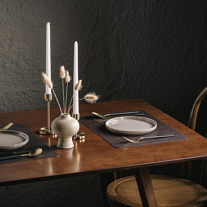 DOLOPL Placemats Set of 12 Reversible Dual-Color Table Place Mats – Heat Resistant Wipeable & Brown Placemats, Luxury Faux Leather Table Mats for Vintage Dining Decor(Dark Brown & Black)