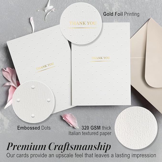 RUN2PRINT Luxury Thank You Cards with Envelopes & Gold Foil Stickers - Bulk Pack of 100 Elegant Blank Notes for Wedding, Baby Shower, Business, Graduation