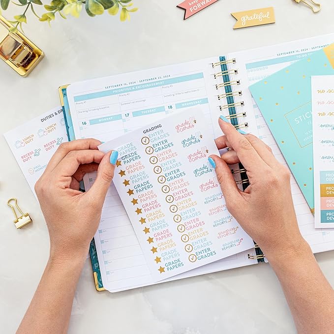 PPP Teacher Sticker Book | Pack of 15 | 503 Colorful Stickers | Assorted Sizes | 5x7 Sheets of Stickers | Gold Foil Stamping | Personalize Your Planner with Flags, Tabs, & Blocks for Educator Events