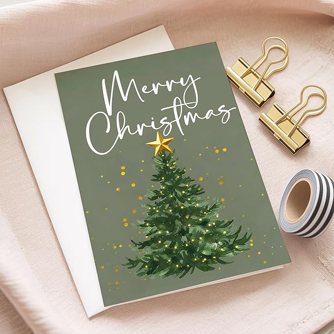 (5.3x8in) Merry Christmas Card with Envelope, Elegant Minimalist Holiday Tree Design with Golden Star, Simple Classic Christmas Greeting Card for Family, Friends, and Coworkers (Xmas 26)