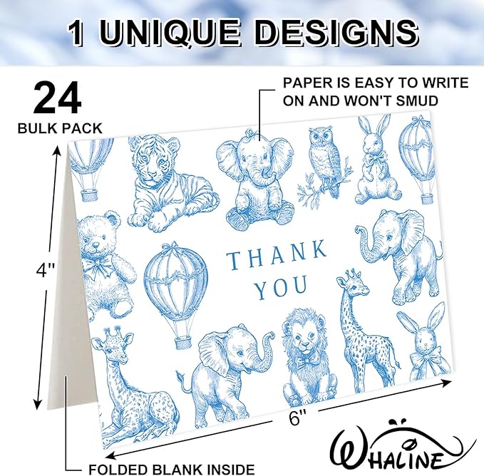 Whaline 24 Pack Baby Shower Thank You Card Cute Blue White Animal Greeting Cards with Envelopes Stickers Blank Note Cards for Gender Reveal Birthday Party Supplies