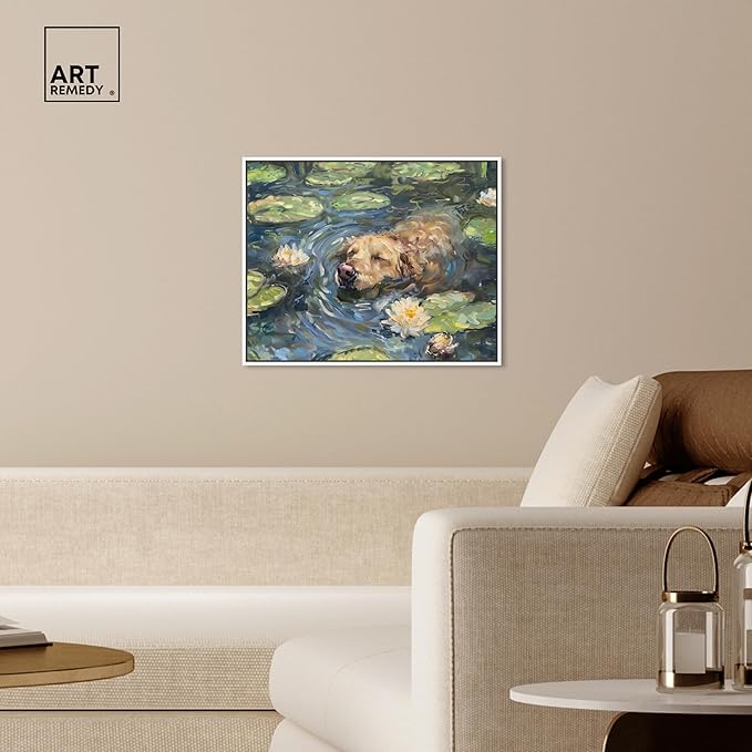 Art Remedy Monet Water Lilies Dog Rustic Chic Farmhouse Canvas Wall Art, White Floater Frame, 24"x20"