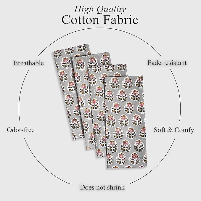 CPC Cloth Napkins 100% Cotton Set of 4 Reusable Napkins, Indian Block Print Toile Floral Dinner Napkin, Fall Thanksgiving Christmas Holiday Party Gift - Soft Absorbent Napkin, 18"x18" Labra Gray
