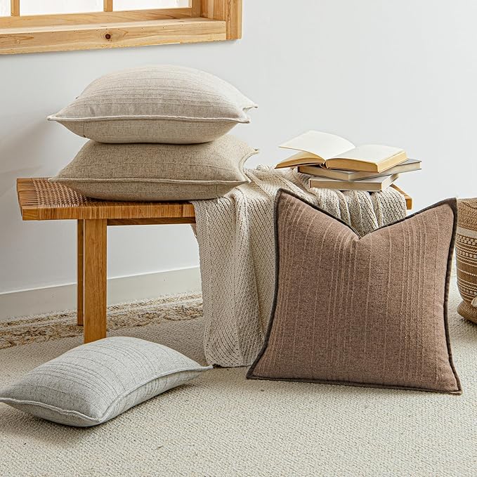 a moment Linen Pillow Covers Set of 2,Boho Farmhouse Throw Pillowcases Neutral Textured Decorative Covers for Couch Sofa,Soft Linen Blend Accent Case Cushion Living Room Home Decor 24"x24"Hazel