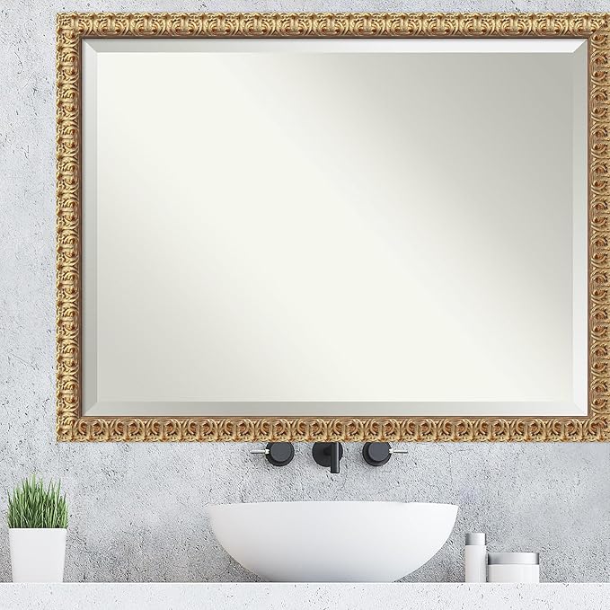 Amanti Art Gold Wall Mirror 33x43 Florentine Gold Rectangle Bathroom Mirror for Wall Decor Living Room, X-Large Traditional Wood Frame, Hangs Horizonally and Vertically, Bathroom Decor, Beveled Edge