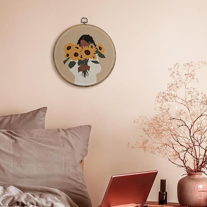 FUGWN Vintage Black Women Floral Round Wall Art Decor Framed, African American Flower Canvas Artwork Prints, Black Women Gifts Wall Hanging Decorations for Home Bedroom Living Room, 10x10 Inch