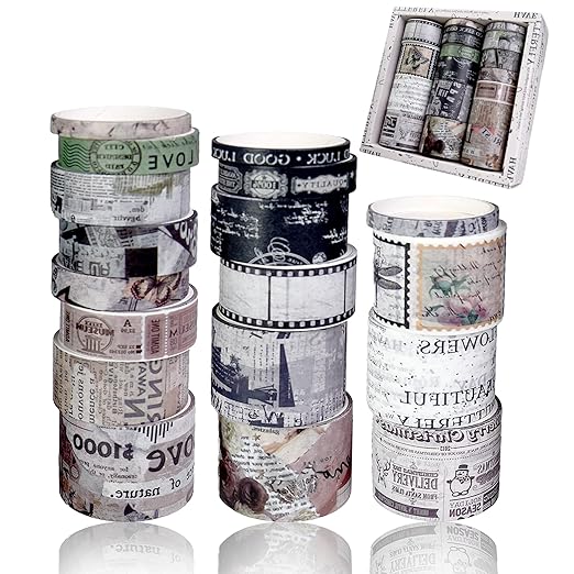 Washi Tape Set, 18 Rolls Washi Stickers, Assorted Sizes, for Junk Journal Scrapbook Tape, Bullet Journaling Scrapbooking Supplies, Planner Sticker DIY Craft DéCor (Newspaper)