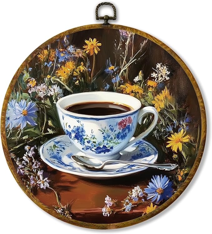 Hiuwevt Chinoiserie Floral Coffee Round Wall Art Decor, Blue and White Ceramic Coffee Cup Hanging Canvas Prints Artwork Framed, Retro Cottagecore Circular Wall Decor for Home Kitchen, 10x10 Inch