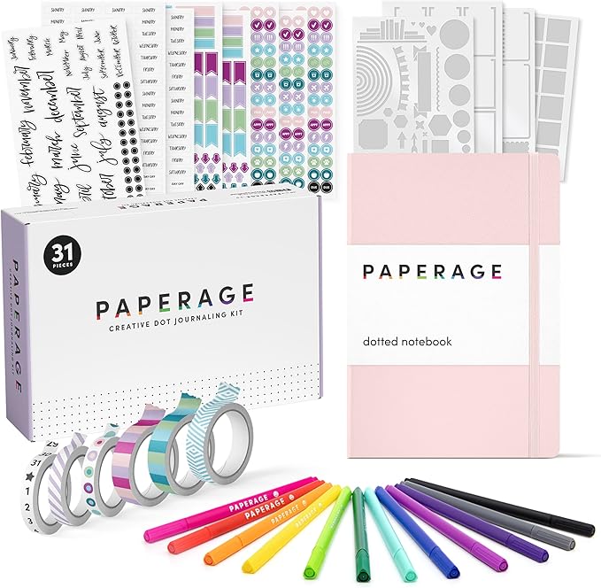 PAPERAGE Bullet Style Journal Kit, Dotted Journaling Set & Stationary Kit, Hardcover Dotted Journal Notebook (Blush), 12 Fineliner Pens, 8 Sticker & 4 Stencil Sheets, 6 Washi Tapes